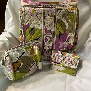 Vera Bradley Green and Purple Floral Quilted Messenger Bag with Accessories